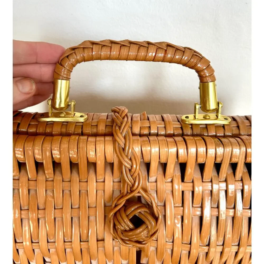 Vintage Wicker Wine Bottle Carrier Picnic Basket, Mid Century Barware Decor